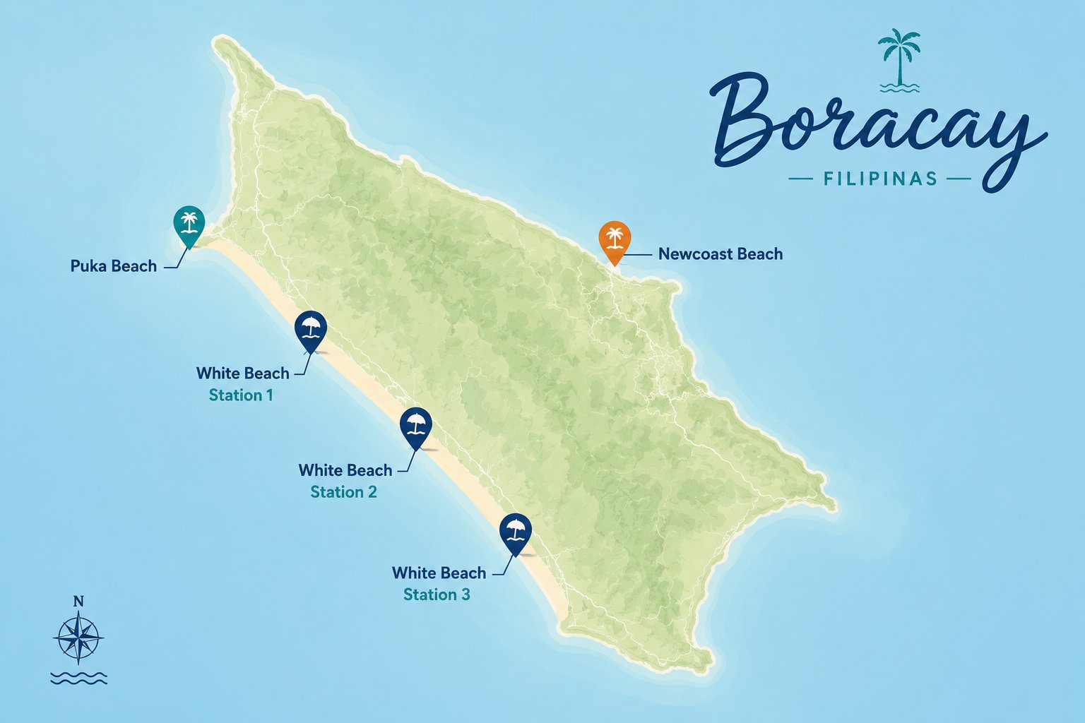 Mapa com a melhores praias para se hospedar em boracay.